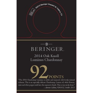 
        
        Beringer Accolade Necker - 2014 Oak Knoll Luminus Chardonnay, 92 pts, Vinous, Oct. 2015        
      