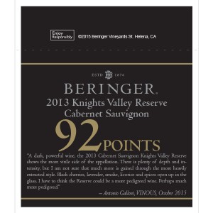 
        
        Beringer Accolade Shelf Talker - 2013 Knights Valley Reserve Cabernet Sauvignon, 92 pts, VINOUS, October 2015        
      