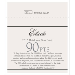 
        
        Etude Accolade Shelf Talker - 2013 Heirloom Pinot Noir, 90 points, VINOUS, October 2015        
      