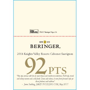 
        
        Beringer 2014 Knights Valley Reserve Cabernet Sauvignon 92pts Shelf Talker        
      