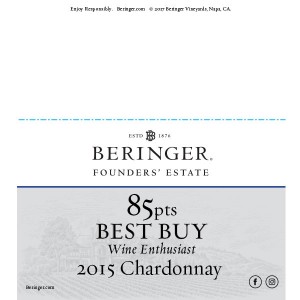 
        
        Beringer Founders' Estate 2015 Chardonnay 85pts Best Buy Wine Enthusiast Accolade Shelf Talker        
      
