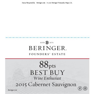 
        
        Beringer Founders' Estate 2015 Cabernet Sauvignon 88pts Best Buy Wine Enthusiast Accolade Shelf Talker        
      