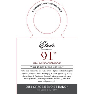 
        
        Etude Accolade Necker - 2014 Grace Benoist Ranch Chardonnay, 91pts, Wine Enthusiast        
      