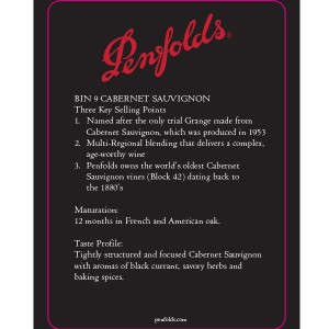 
        
        Penfolds Bin 9 Cabernet Sauvignon Wine Card F16        
      
