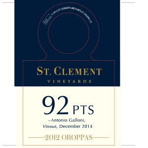 
        
        St. Clement Accolade Necker - 92pts, Vinous December 2014 - 2012 Oroppas        
      