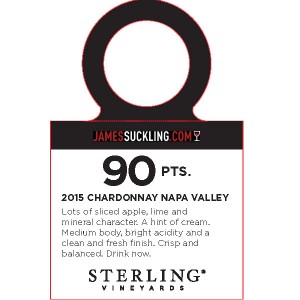 
        
        Sterling Vineyards 2015 Chardonnay Napa Valley James Suckling 90pts Accolade Necker         
      