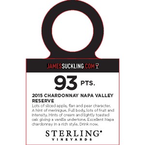 
        
        Sterling Vineyards 2015 Chardonnay Napa Valley Reserve James Suckling 93pts Accolade Necker         
      
