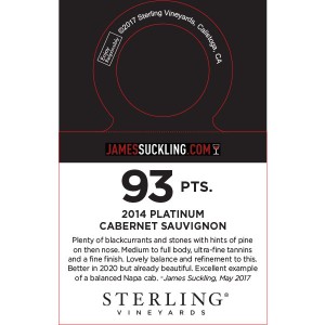 
        
        Sterling Vineyards 2014 Platinum Cabernet Sauvignon James Suckling 93pts Accolade Necker         
      